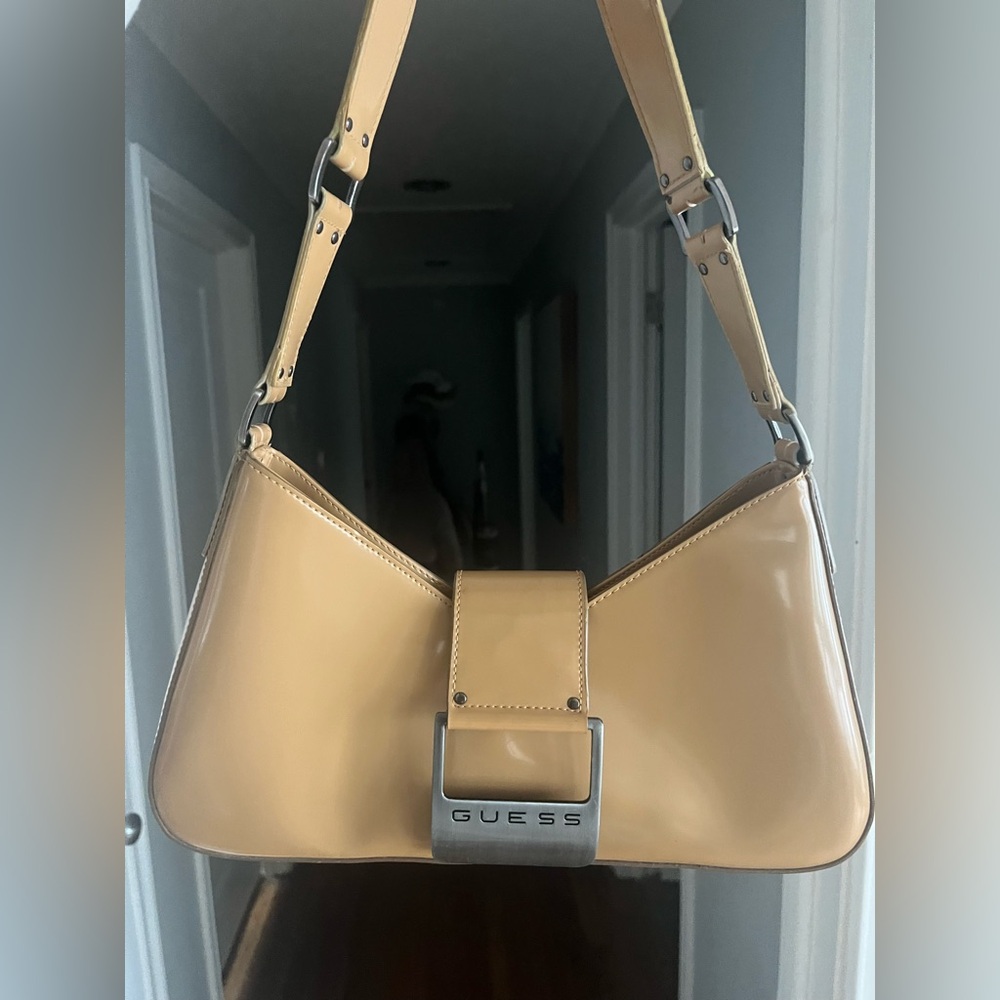 Tan Y2K Guess Baguette Bag